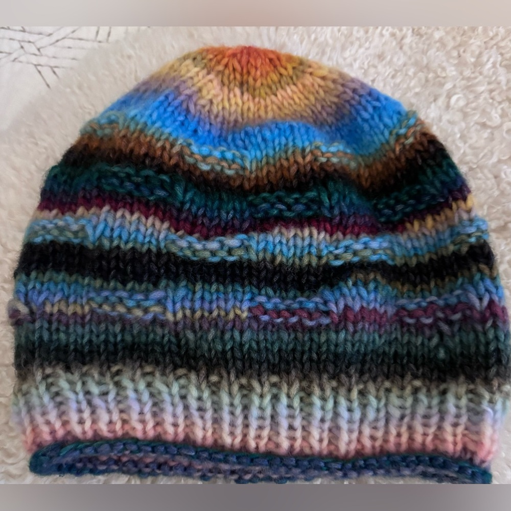 Hand knit lightweight & soft winter hat in multi colours one size